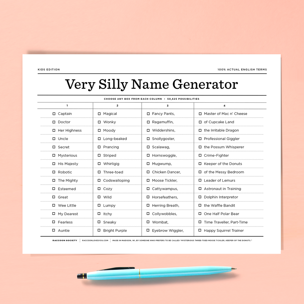 Free - "Very Silly Name - Kids Edition (downloadable JPEG) The Raccoon Society
